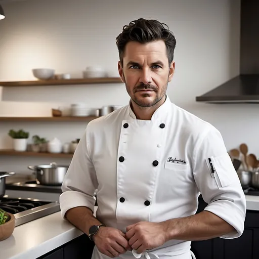 Prompt: The portrait should capture a confident chef, standing in a stylish, modern kitchen. He’s wearing a crisp white chef's jacket with neatly rolled sleeves, and an apron tied around his waist. His face has a warm, friendly expression, with eyes that show both passion and focus. His short, dark hair is well-groomed, and his facial hair is trimmed into a sharp beard.

In one hand, he’s holding a wooden spoon, stirring a pot on the stove, and in the other, he’s holding a small plate with artfully arranged food. The kitchen behind him is sleek, with stainless steel counters, pots hanging on the walls, and fresh ingredients like herbs and vegetables neatly arranged. The colors are vibrant yet natural, giving a sense of liveliness and freshness, with subtle hints of warm sunlight streaming in through a nearby window.

Overall, the mood is a blend of professional mastery and down-to-earth charm, conveying a chef who loves his craft and connects with his food and environment.