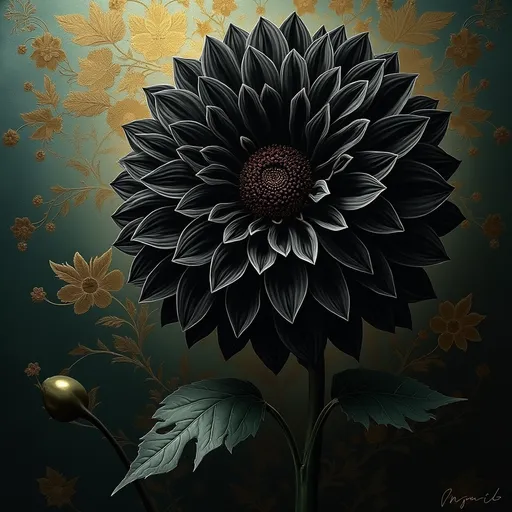 Prompt: A hauntingly beautiful digital painting of black dahlias with dripping metallic silver ink, petals glowing faintly under dramatic chiaroscuro lighting. Intricate Victorian-era floral patterns overlay the background in muted gold, set against a moody palette of dark emerald green and blood burgundy. Hyper-detailed textures, subtle grunge overlay, and a touch of surrealism. 8K resolution, cinematic atmosphere, Adobe Stock premium collection style, trending dark botanical aesthetics.