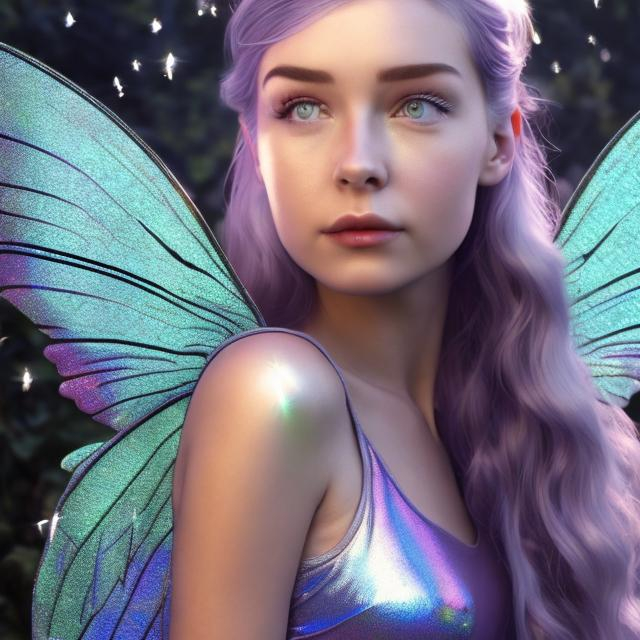 Prompt: A close up photo of a woman with iridescent fairy wings in photo realistic style