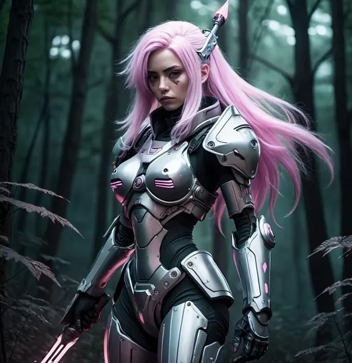 Prompt: Anime cyberpunk style, woman holding a spear with long silvery-pink hair in power armor in a dark forest, highly detailed, HD, dark background