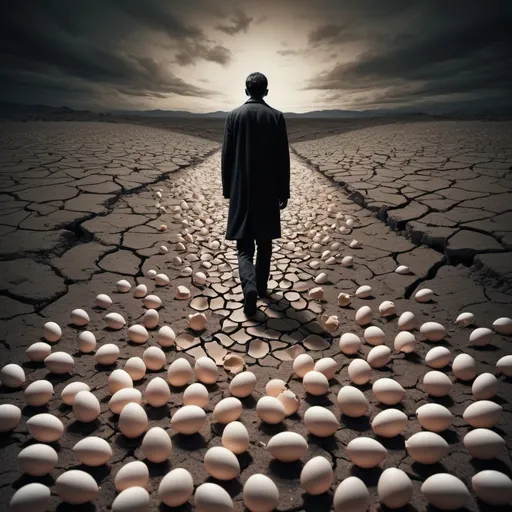 Prompt: Lonely figure walking on eggshells, desolate landscape, cracked earth, surreal art, high quality, detailed, surrealism, abstract, melancholic tones, dim lighting, growing apart, surreal landscape, isolated, fractured reality, emotional disconnect, surreal, haunting atmosphere, fractured relationships, walking alone, emotional turmoil