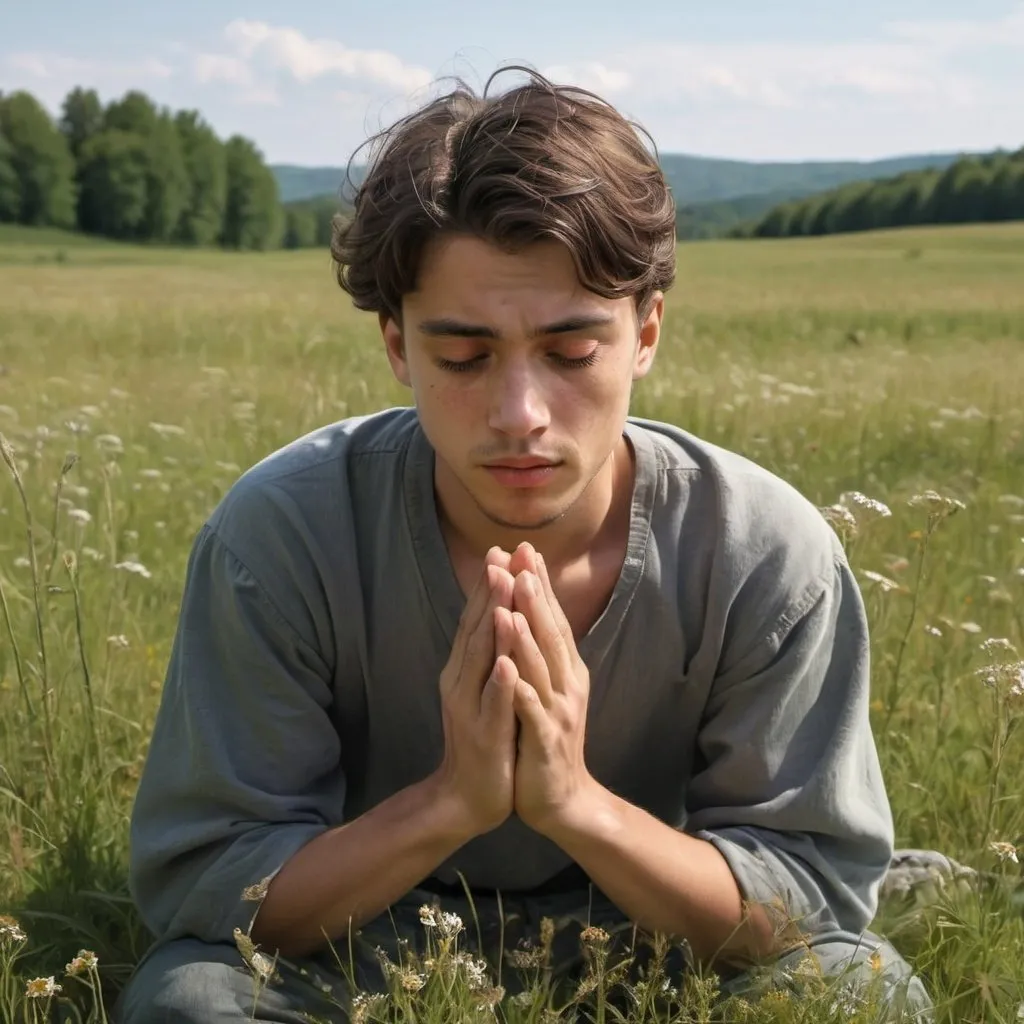 Prompt: young man nealing in the meadow praying hyper realistic
