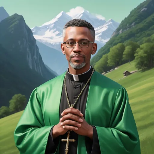 Prompt: green pastor with mountain in background hyper realistic