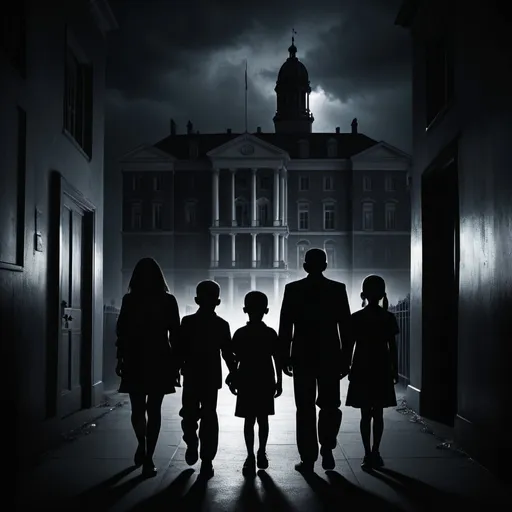 Prompt: (intense picture for a blog post), targeting the Department of Children Family Services, corruption, defamation of character, tense atmosphere, dramatic and foreboding, dark tones, sharp contrasts, serious and confrontational mood, imagery of distress and injustice, background showing official buildings shrouded in shadows, ominous lighting, figures in silhouette, somber expressions, ultra-detailed, 4K qualité