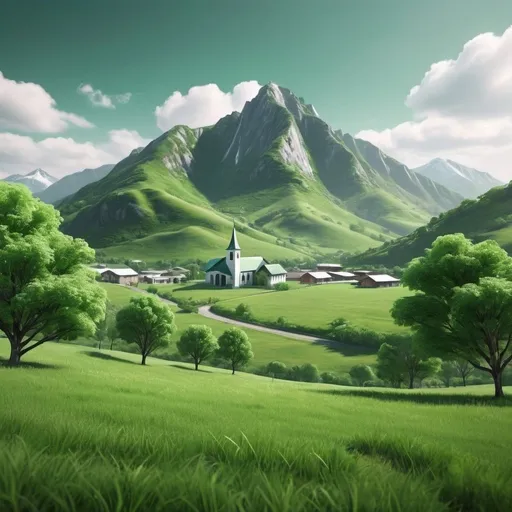 Prompt: green pastor land with mountain in background hyper realistic