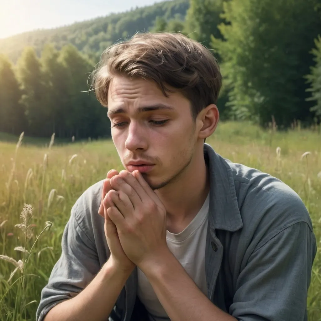 Prompt: young man neaking in the meadow praying hyper realistic
