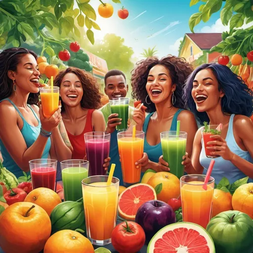 Prompt: Vibrant digital illustration of a diverse group enjoying fresh juices, lively and energetic atmosphere, varied fruits and vegetables, high-resolution, detailed, digital art, vibrant colors, lively, energetic, diverse group, fresh produce, health awareness, educational, informational, modern, digital illustration