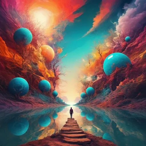 Prompt: Personal development journey, emotional transformation, surreal self-realization, abstract digital art, vibrant and emotive colors, surreal landscapes, dreamlike aesthetic, introspective exploration, detailed symbolic elements, high quality, surreal, vibrant colors, emotional journey, dreamy, self-realization, abstract art, surreal landscapes