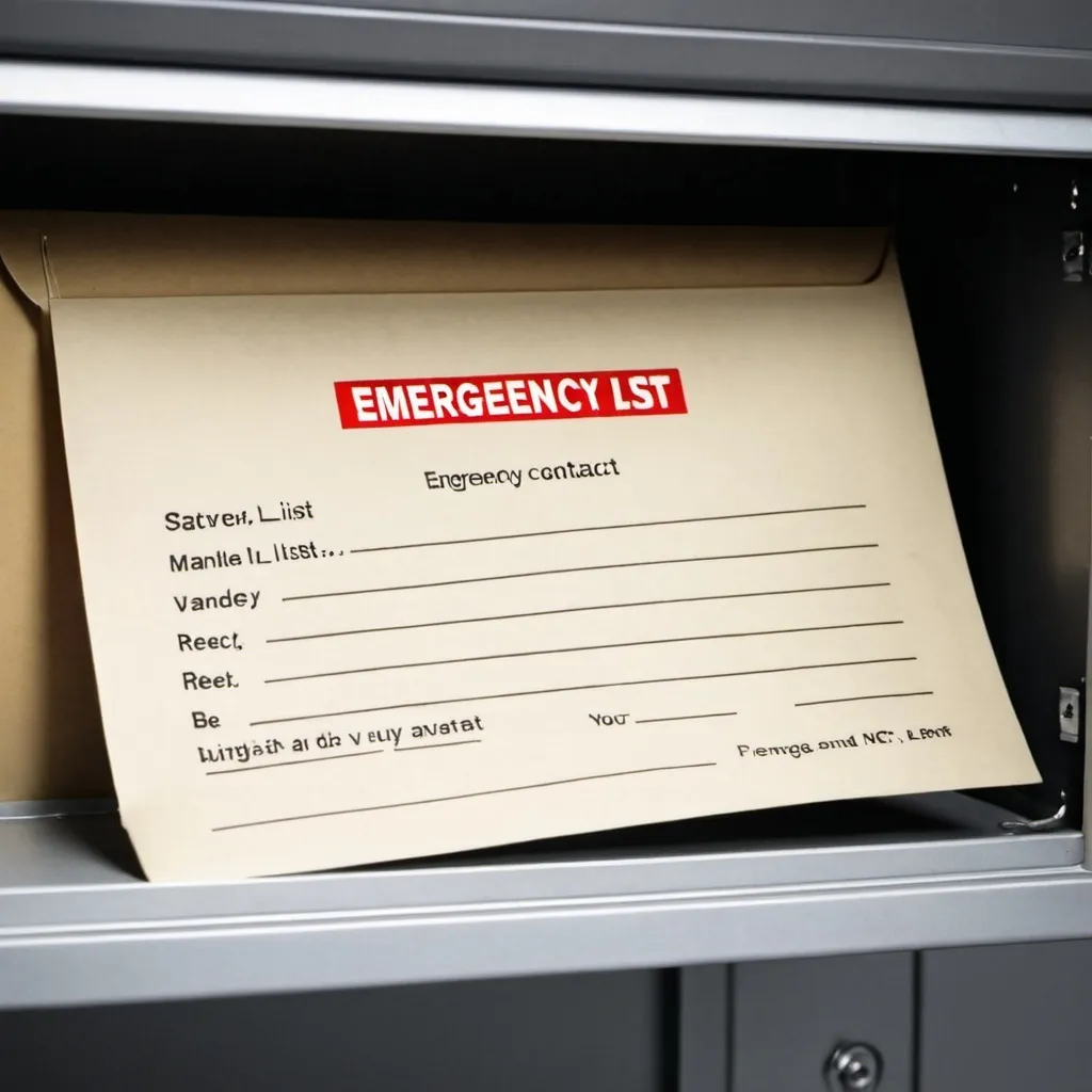 Prompt: i need a image of an envelope with "emergency contact list" on the front, stored in a glove box