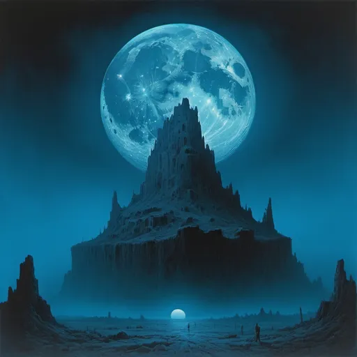 Prompt: An incredibly strange blue moon in style of Beksinski