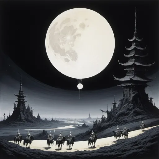 Prompt: An oddly large and thin crescent moon in a black sky over a strange land of white milk with knights. Yoshitaka Amano painting