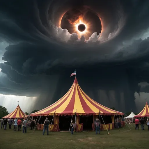 Prompt: An eerie circus of ill, ominous tornadoes summoning foul creatures from the nether realm. solar eclipse