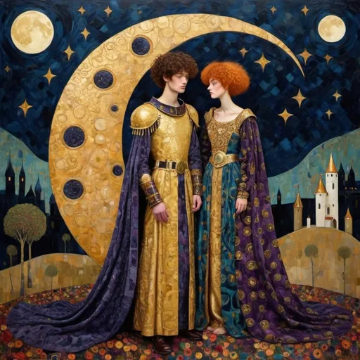 Prompt: Mulberry knights under a crescent moon. Style of Klimt 