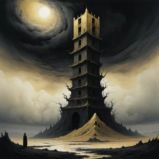 Prompt: Eerie black and gold twisted tower under a strange sky of milk white in the style of Beksinski and Amano