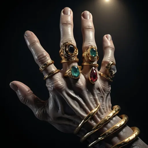 Prompt: A horrific deformed hand with many more digits than normal. It is giant and disembodied. Wearing multiple elegant rings made of gold and gem stones 