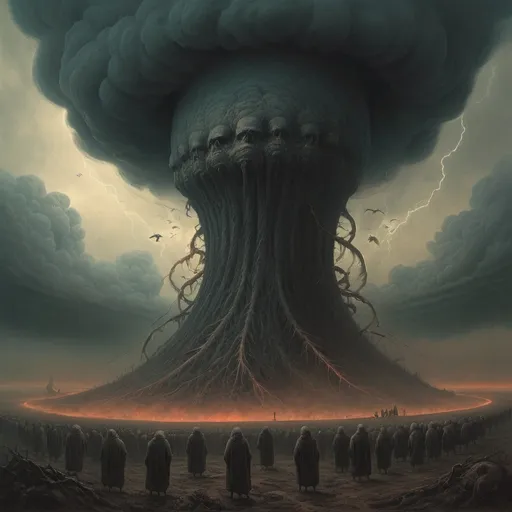 Prompt: Strange tormented creatures worshipping an ominous tornado in a cult-like manner. Style of Beksinski 