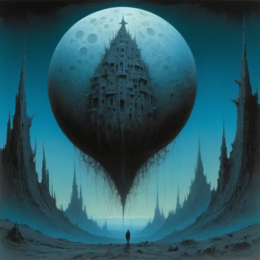 Prompt: An incredibly strange, terrifying, 
maddening blue moon in styles of Beksinski and Amano
