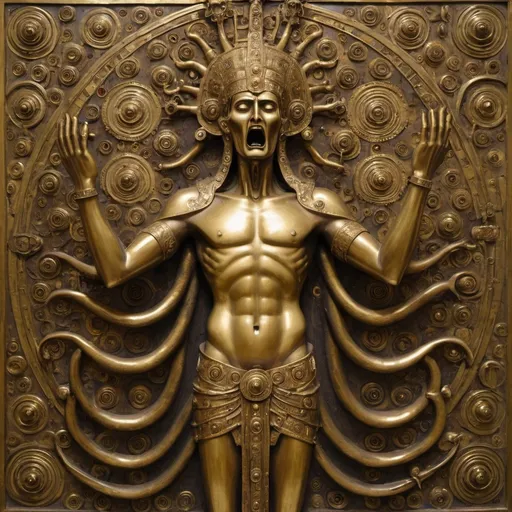Prompt: Brass multi-armed god with a fearful expression. Made to look like a Klimt painting