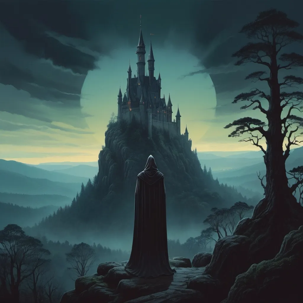 Prompt: An extremely tall and slender robed figure overlooking a dark enchanted forest and castle from atop a ridge. in the style of 70s dark fantasy novel cover art