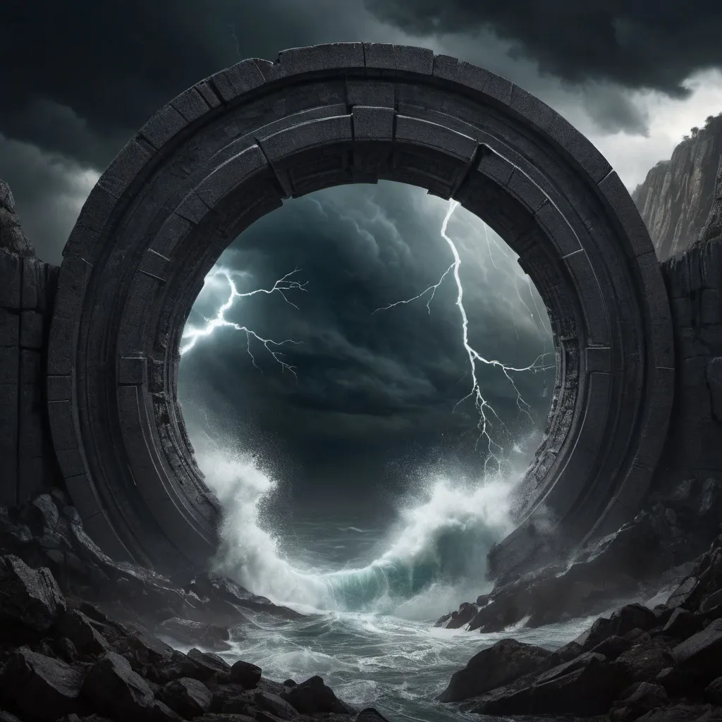 Prompt: A storm ripping a portal open that leads to a dark and twisted realm