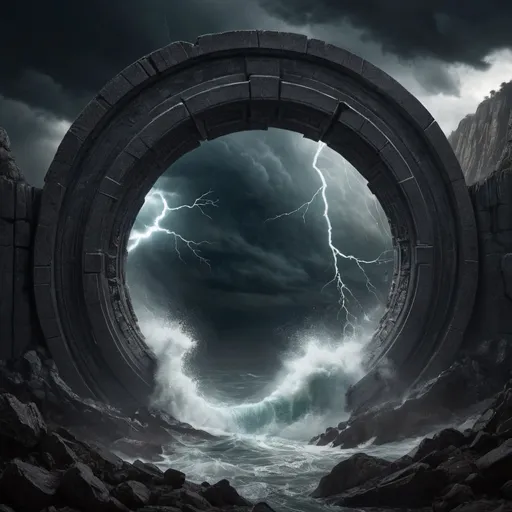 Prompt: A storm ripping a portal open that leads to a dark and twisted realm