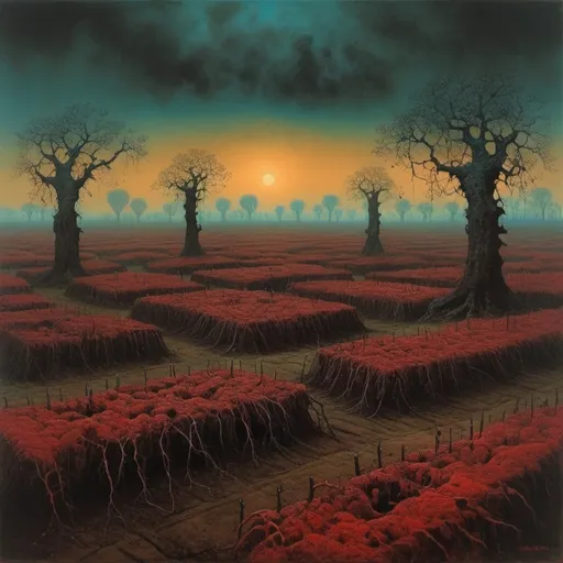 Prompt: Eerie Mulberry fields. Style of Beksinski 