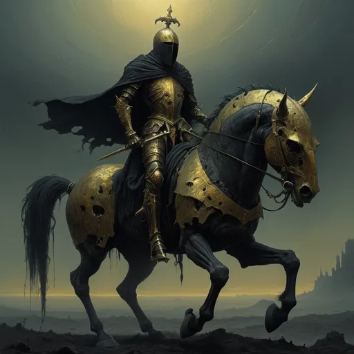 Prompt: Black and gold Dreadful knight on a dark and brutal steed. Style of Beksinski 