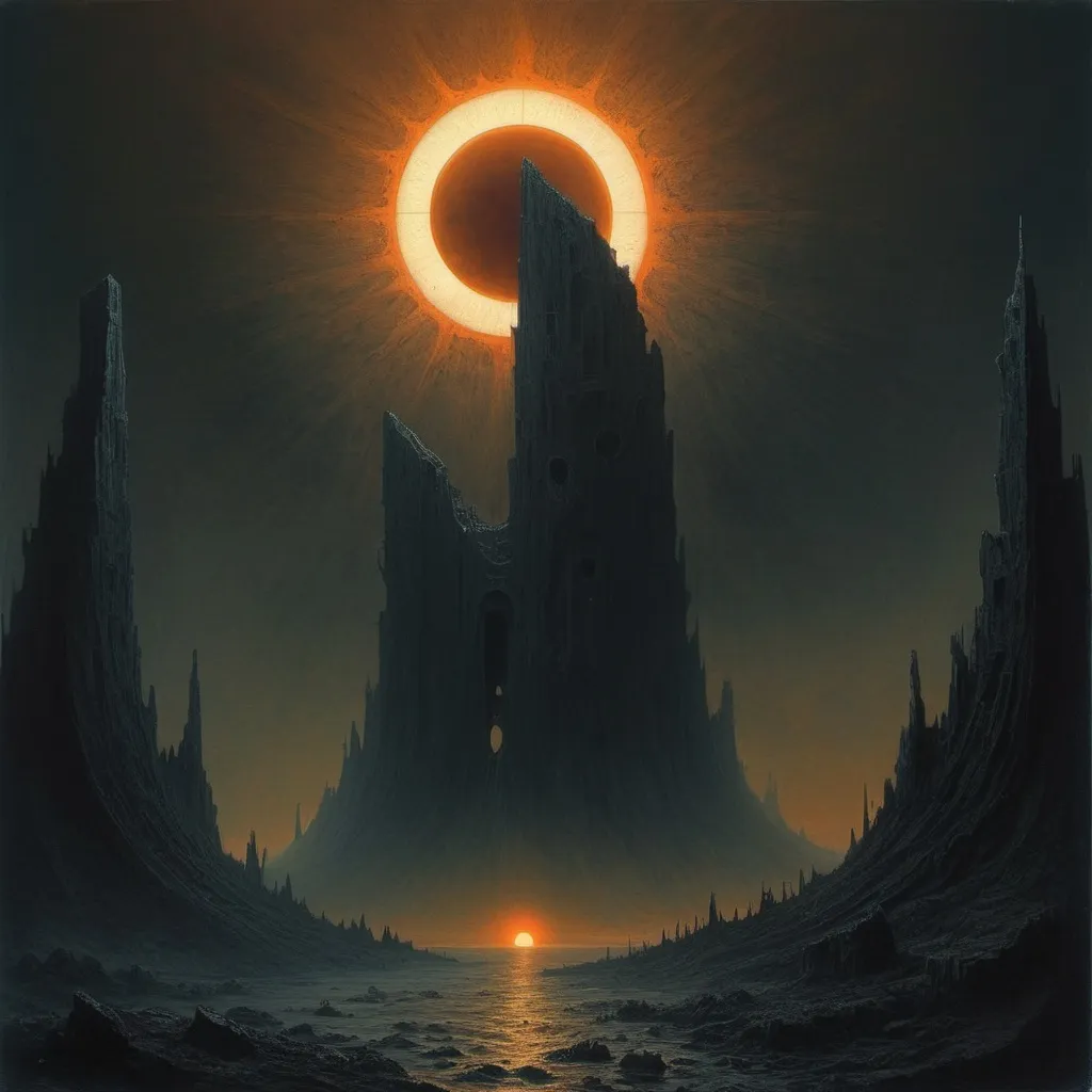 Prompt: An ominous solar eclipse in styles of Beksinski and Amano