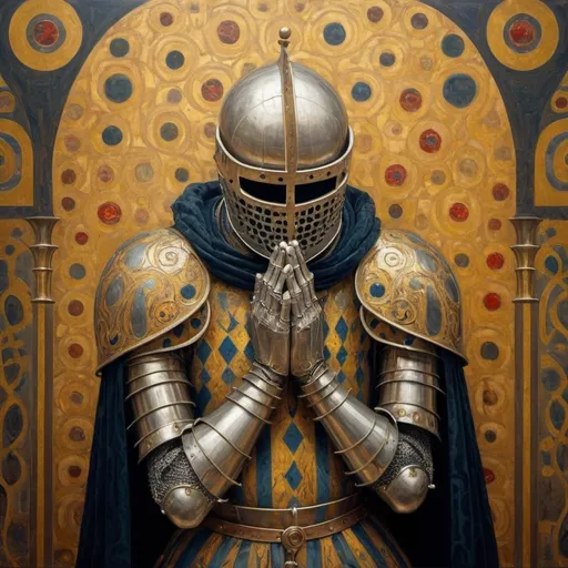 Prompt: A dreadful knight praying. Style of Klimt