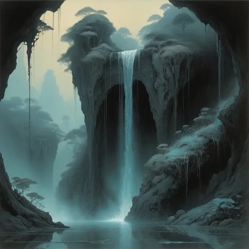 Prompt: A serene waterfall with eerie flora. style of Beksinski and Amano.