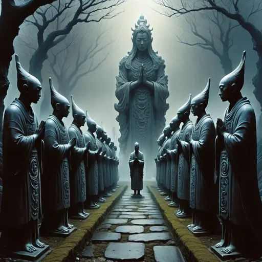 Prompt: Ominous cult praying to rows of twisted ornate statues on an eerie path. Style of Yoshitaka Amano and Beksinski 