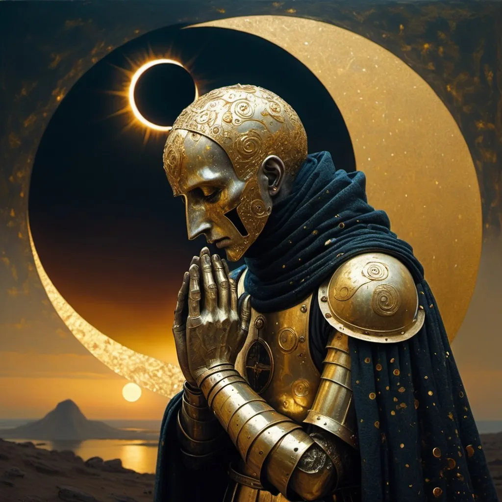 Prompt: An dreadful knight praying to a solar eclipse. Style of Klimt and Beksinski. Plenty of gold flakes