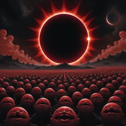 Prompt: A dark field made of massive, odd red faces looking straight up. A solar eclipse with 5 foul demons floating high in the sky.