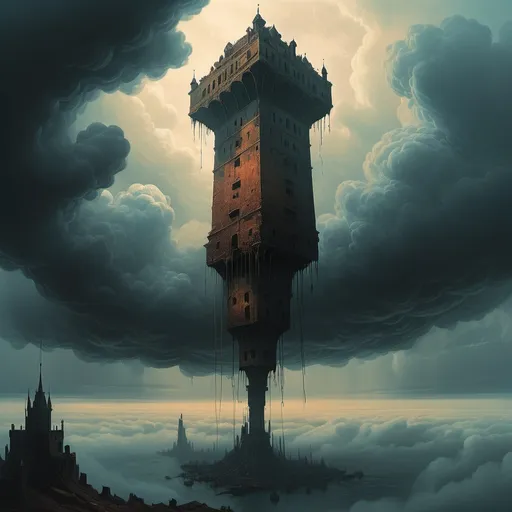 Prompt: An eerie floating tower emerging from the sky with its base in the clouds in the style of Beksinski. Tower is upside down coming from the sky and not touching the ground