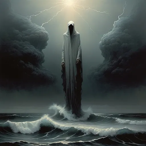 Prompt: A 50 feet tall, haunting, ominous, eerie, shadowy white, slender, cloaked, very narrow figure, hovering over the ocean during a fierce storm. style of Beksinski 