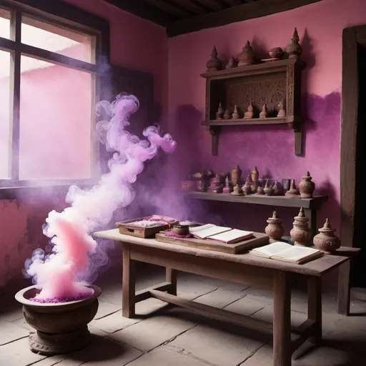 Prompt: A spiritul place filled with incense, light pink/purple smoke. purifying papers