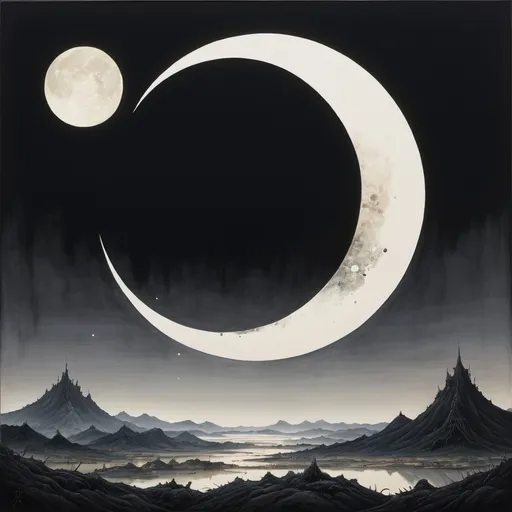 Prompt: An oddly large and thin crescent moon in a black sky over a strange land of white milk with spirits of muted colors. Yoshitaka Amano painting