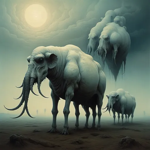 Prompt: An eerie creatures under a strange sky of milk white in the style of Beksinski 