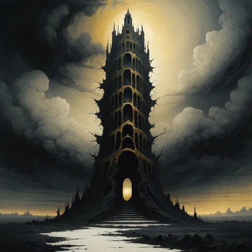 Prompt: Eerie black and gold twisted tower under a strange sky of milk white in the style of Beksinski 