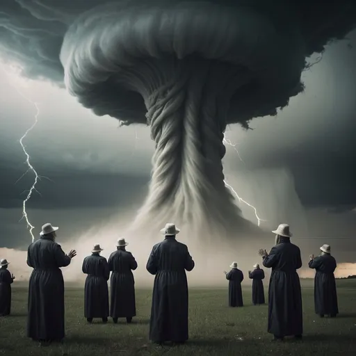 Prompt: Strange tormented creatures worshipping an ominous tornado in a cult-like manner.