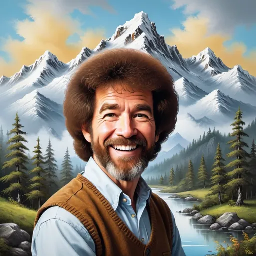 Prompt: A happy mountain style of Bob Ross