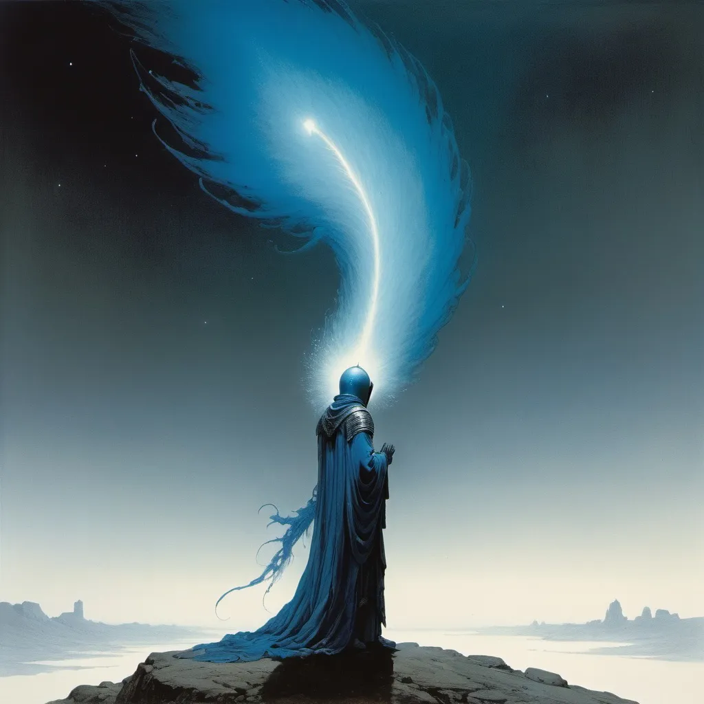 Prompt: A fierce blue comet with an eerie tail in a milk white sky. Knights praying in fear of the comet. Style of Amano and Beksinski 