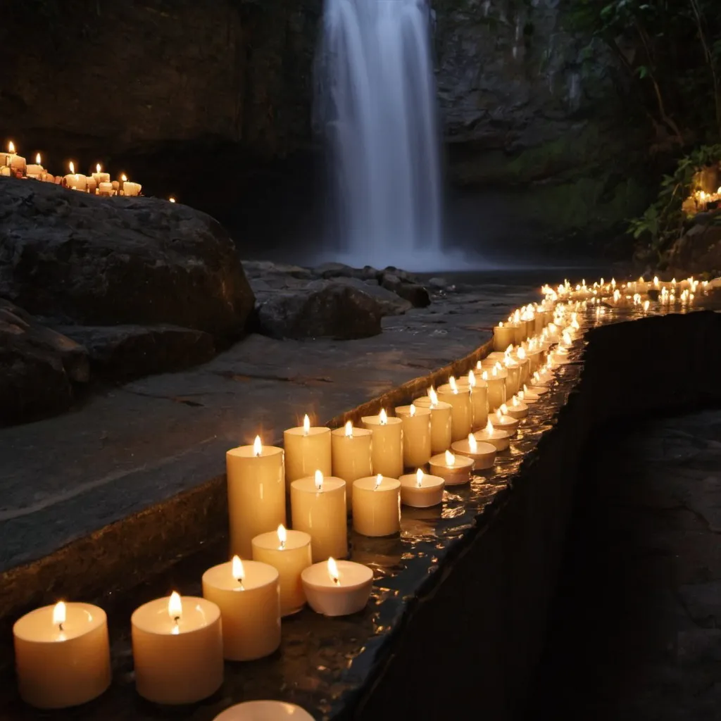 Prompt: A waterfall with candles underneath 