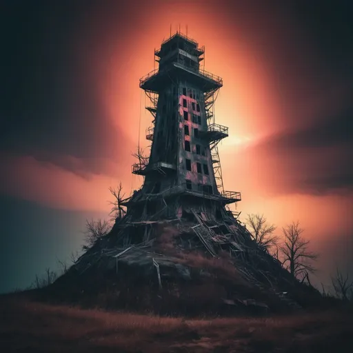 Prompt: A dark and twisted tower atop a hill of decay. Enshrouded in a radioactive aura.