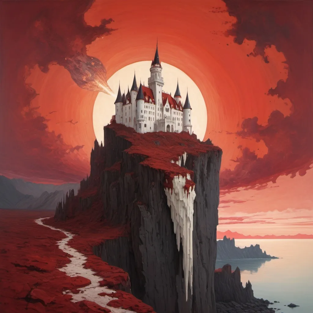 Prompt: A pristine jagged ivory white castle on a cliff, an eerie, dreadfully red sky with a meteor. Style of Klimt 