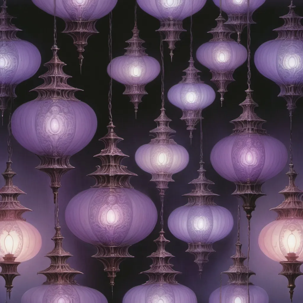 Prompt: Rows of twisted ornate lamps with muted color lights in purple hues. Style of Yoshitaka Amano and Beksinski 