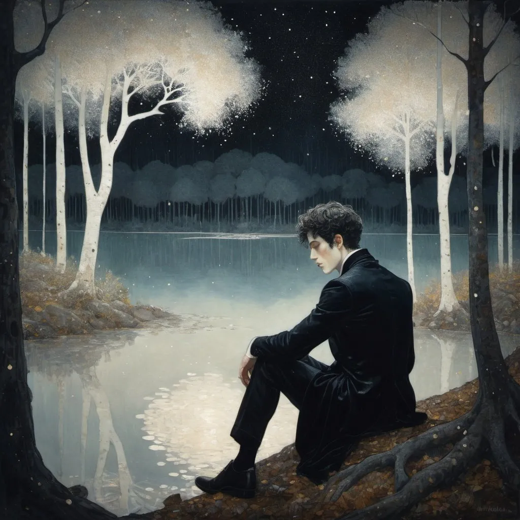 Prompt: A somber, lavishly dressed man sitting beside a milky white lake in a forest at night. Style of Klimt with platinum flakes