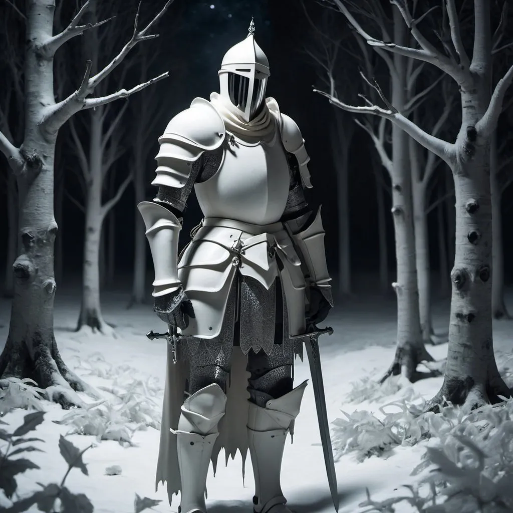 Prompt: A somber knight in a milk white forest at night 
