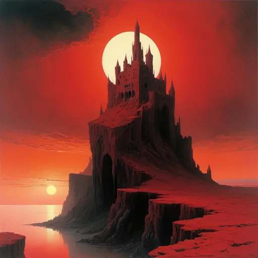 Prompt: A pristine jagged ivory white castle on a cliff, an eerie, dreadfully red sky with solor eclipse. Style of Beksinski 