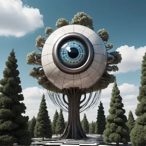 Prompt: A checkered synthetic surface with warped trees. A giant mechanical eye floating high in the sky